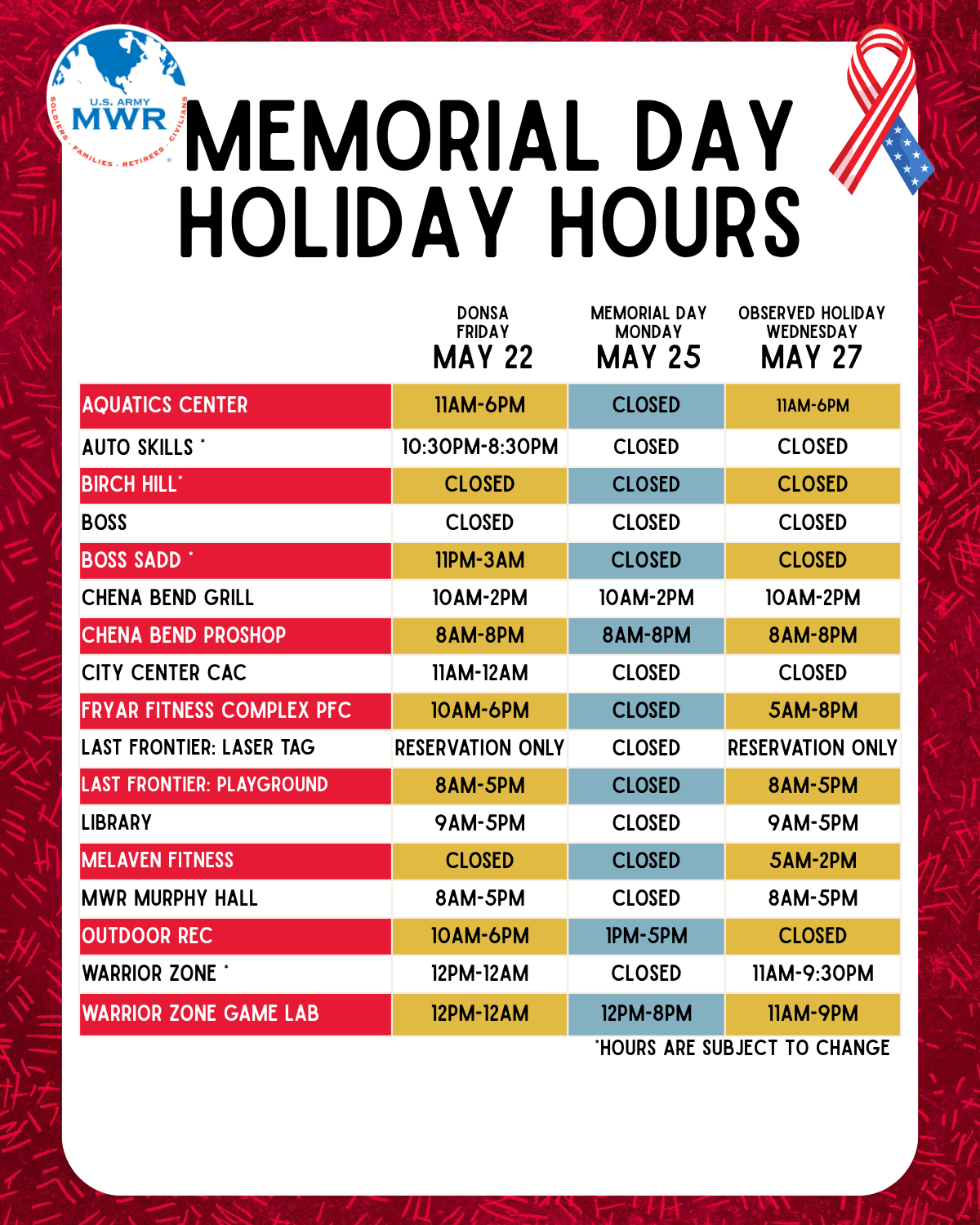 Memorial Day Holiday Hours